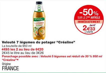veloutés 7 légumes du potager "créaline" -50% sur le 2eme article immédiatement