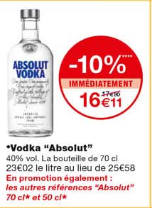 vodka "absolut" -10% immédiatement