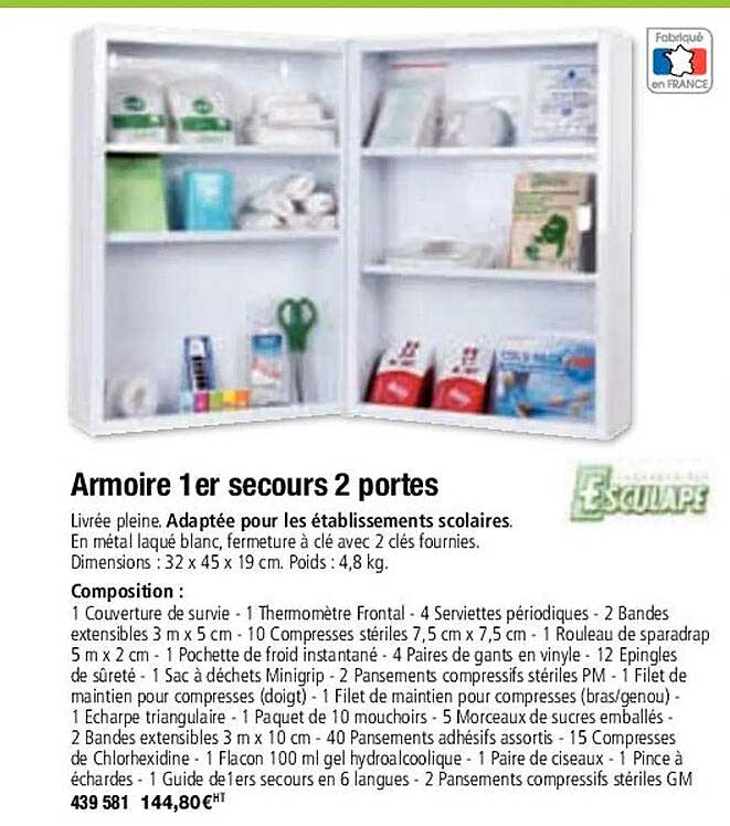 armoire 1er secours 2 portes esculape