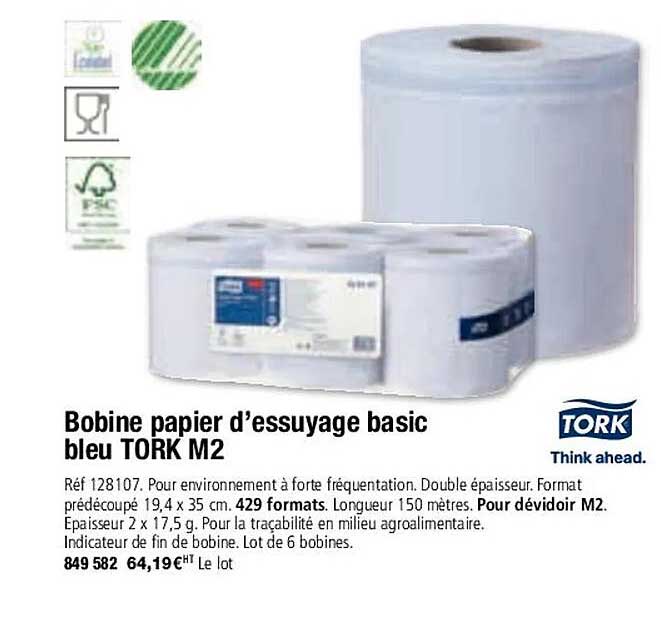 bobine papier d'essuyage basic bleu tork m2