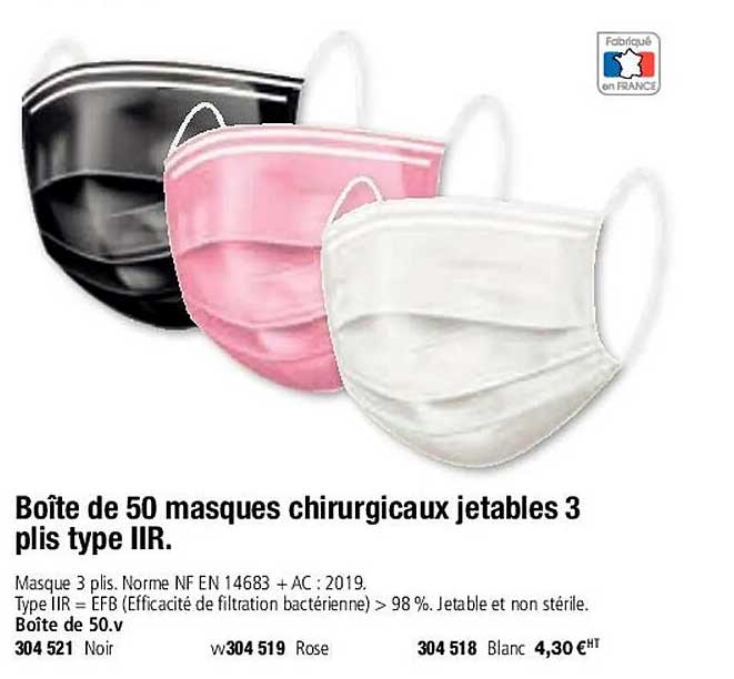 boîtet de 50 masques chirurgicaux jetables 3 plis type IIR