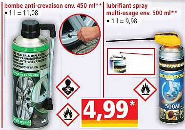 bombe anti-crevaison env. 450 ml, lubrifiant spray multi-usage env. 500 ml