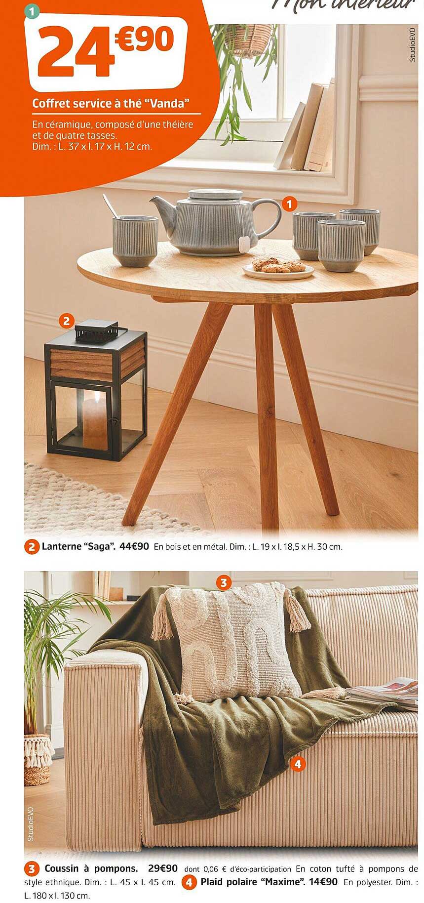 coffret service à thé "vanda", lanterne "saga", coussin à pompons, plaid polaire "maxime"