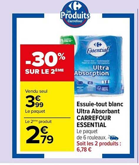 essuie-tout blanc ultra absorbant carrefour essential