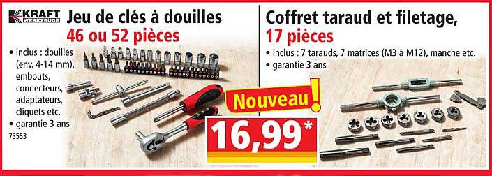 jeu de clés à douilles kraft werkzeuge, coffret taraud et filetage, 17 pièces