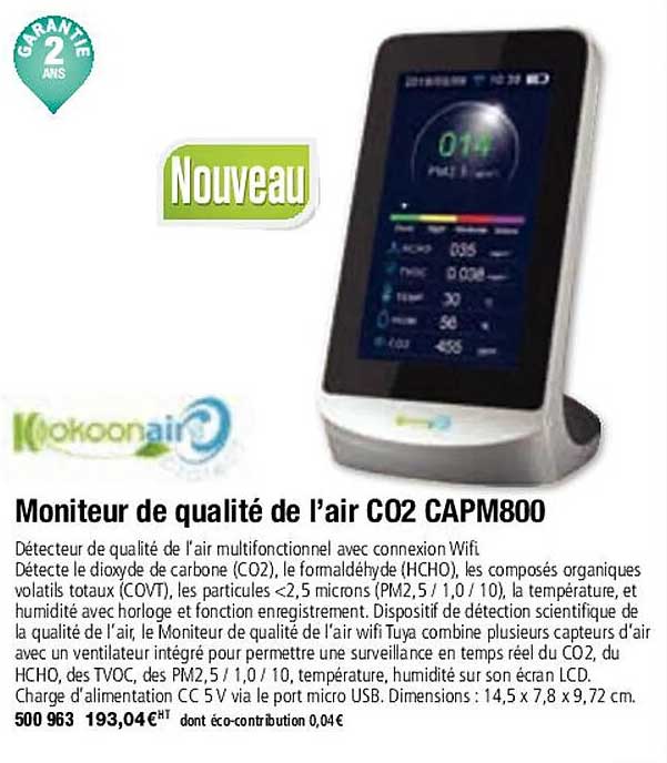 kokoonair moniteur de qualité de l'air co2 capm800