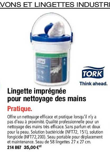 lingette imprégnée pour nettoyage des mains tork