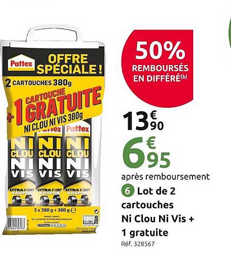 lot de 2 cartouches ni clou ni vis + 1 gratuite