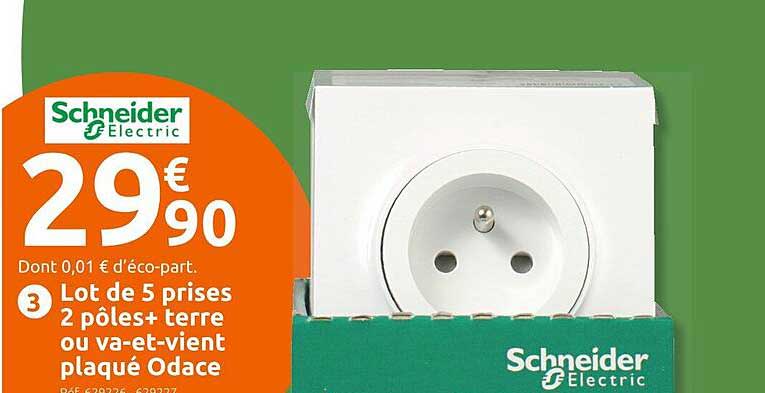 lot de 5 prises 2 pôles + terre ou va-et-vient plaqué odace schneider electric