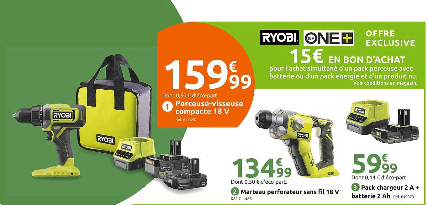 Marteau Perforateur Sans Fil 18 V, Pack Chargeur 2 A + Batterie 2 Ah Ryobi
