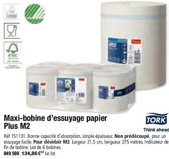 maxi-bobine d'essuyage papier plus m2 tork