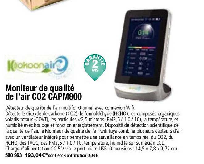 moniteur de qualité de l'air co2 capm800 kokoonair