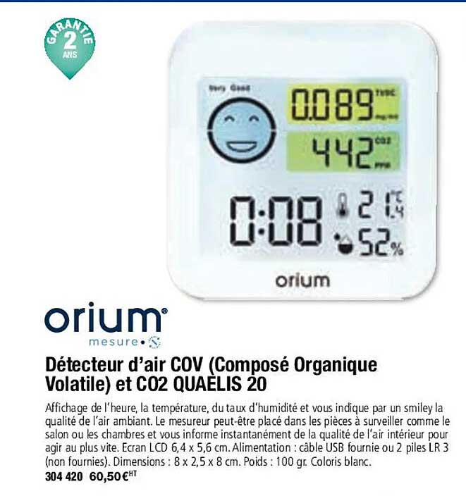 orium détecteur d'air cov (composé organique volatile) et co2 quaelis 20