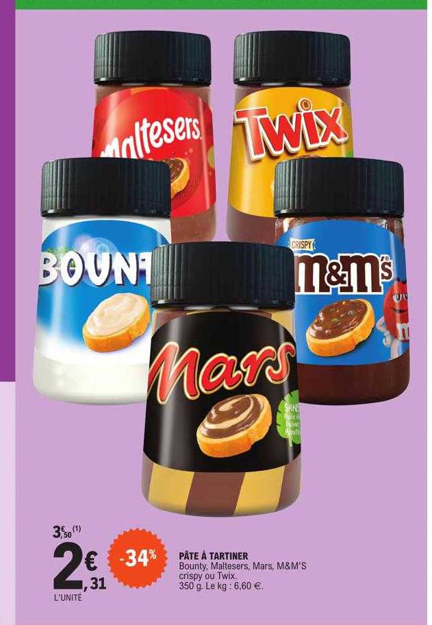 Pâte à Tartiner Bounty, Maltesers, Mars, M&m's Crispy Ou Twix