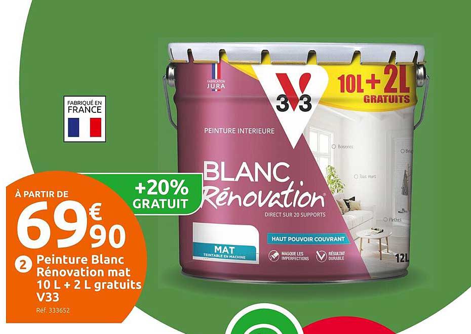 peinture blanc rénovation mat 10 l + 2 l gratuits v33