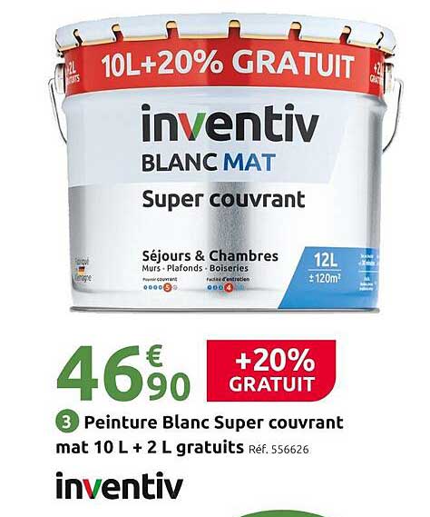 peinture blanc super couvrant mat 10 l + 2 l gratuits inventiv