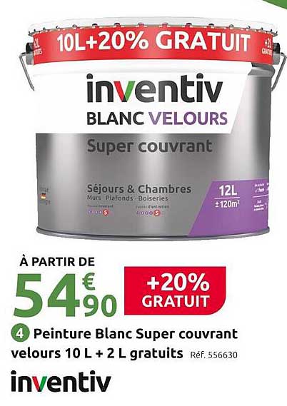 peinture blanc super couvrant velours 10 l + 2 l gratuits