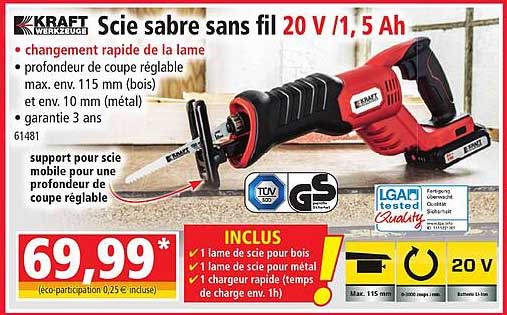 scie sabre sans fil 20 v - 1,5 ah kraft werkzeuge