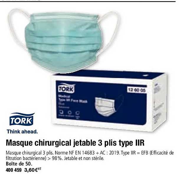 tork masque chirurgical jetable 3 plis type IIR
