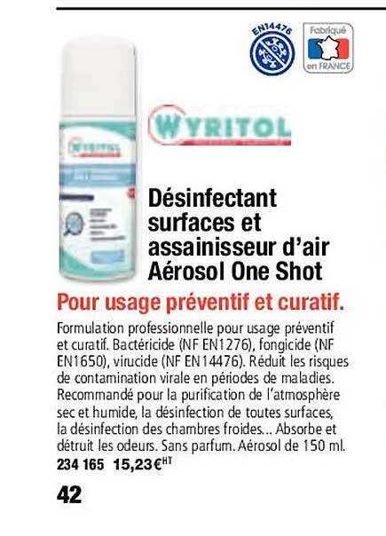wyritol désinfectant surfaces et assainisseur d'air aérosol one shot