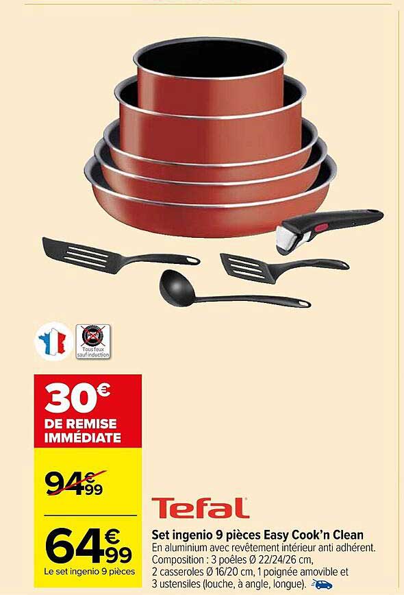 set ingénio 9 pièces easy cook'n clean tefal