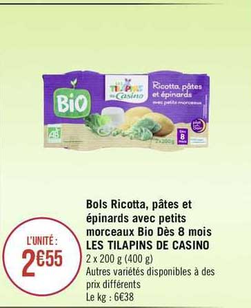 Bols Ricotta  Pâtes Et épinards Avec Petits Morceaux Bio Dès 8 Mois Les Tilapins De Casino