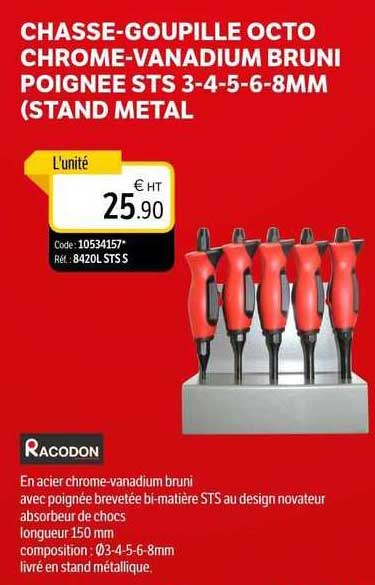 Chasse-goupille Octo Chrome-vanadium Bruni Poignée Sts 3-4-5-6-8mm (stand Metal) Racodon