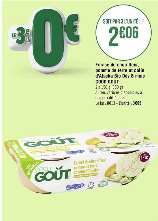 ecrasé de chou-fleur pomme de terre et colin d'alaska bio dès 8 mois good gout