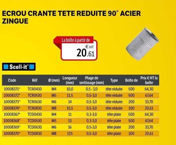 ecrou crante tête reduite 90° acier zingue scell-it