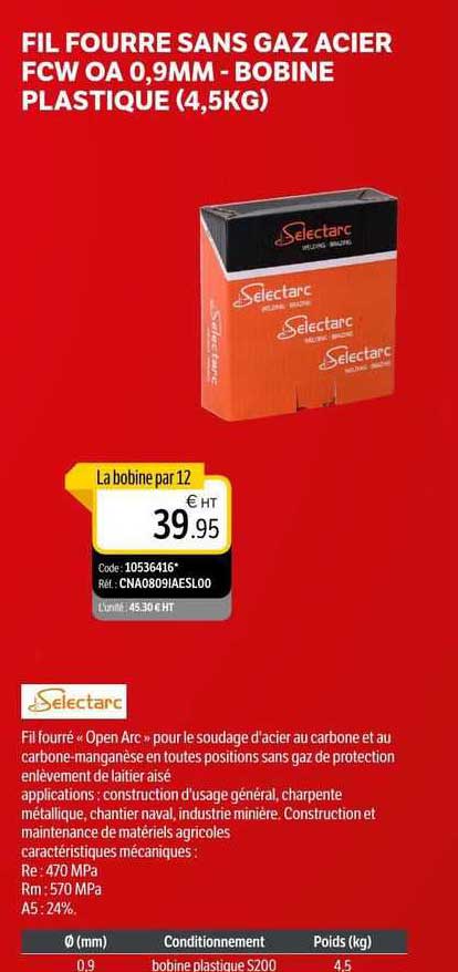 fil fourré sans gas acier fcw oa 0.9mm - bobine plastique (4.5kg)