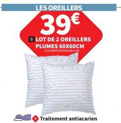 lot de 2 oreillers plumes 60x60 cm