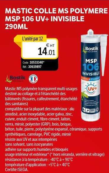 mastic colle ms polymère msp 106 uv+ invisible 290ml bostik