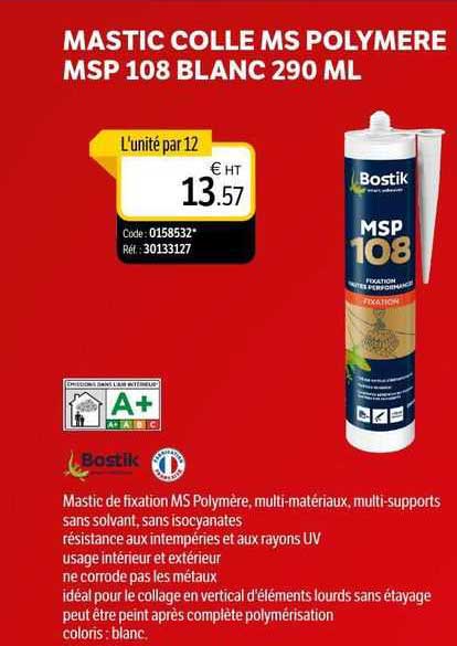 mastic colle ms polymère msp 108 blanc 290 ml bostik