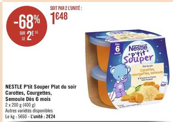 nestlé p'tit souper plat du soir carottes courgettes semoule dès 6 mois