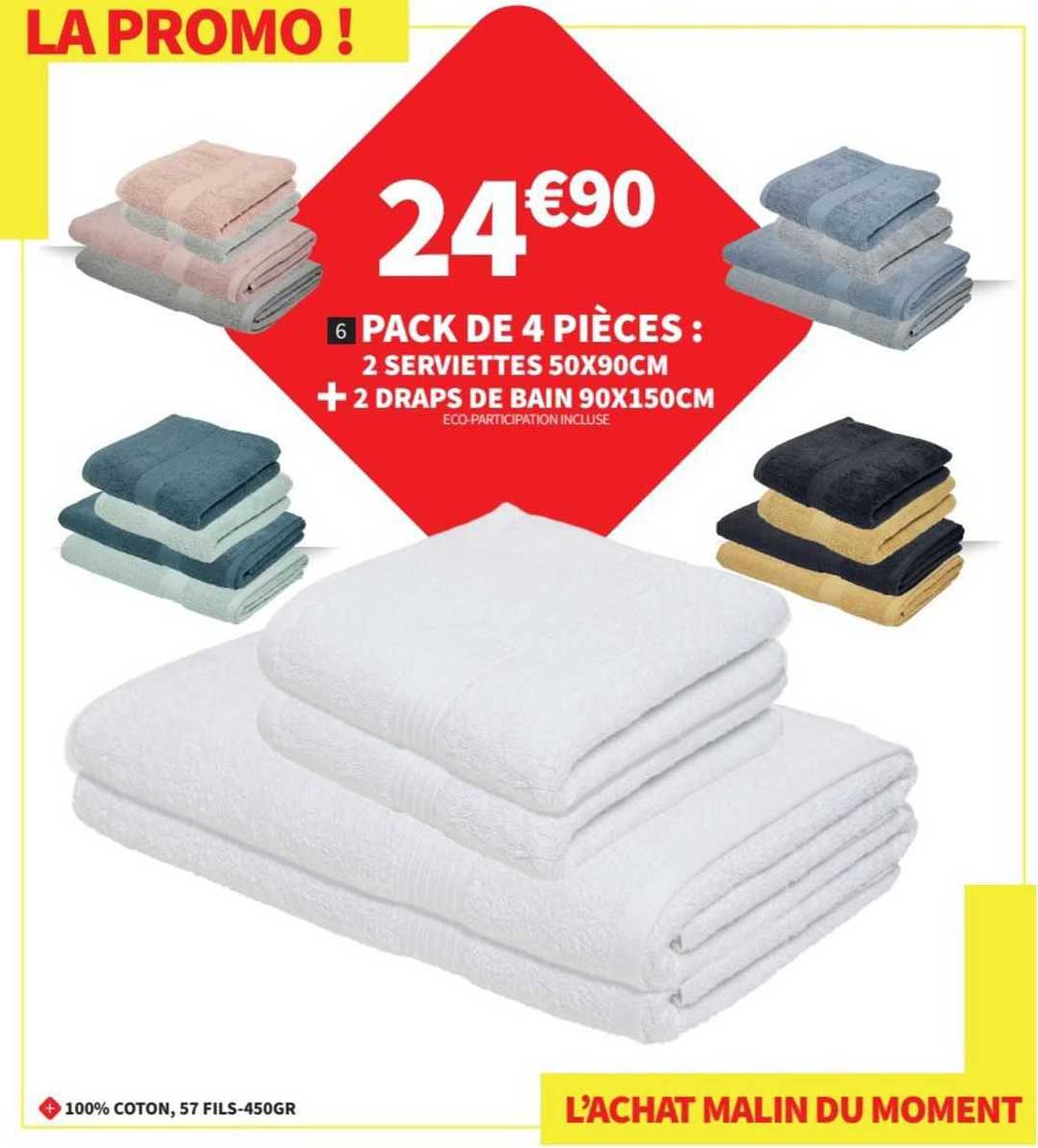 Pack 4 Pièces: 2 Serviettes 50x90cm + 2 Draps De Bain 90x150 Cm