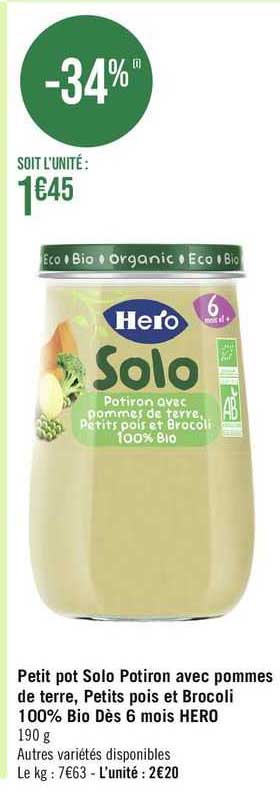 petit pot solo potiron avec pommes de terre petits pois et brocoli 100% bio dès 6 mois hero