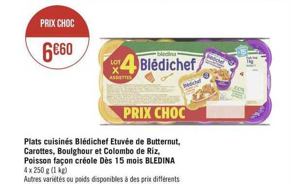 plats cuisinés blédichef etuvée de butternut carottes boulghour et colombo de riz poisson façon créole dès 15 mois bledina