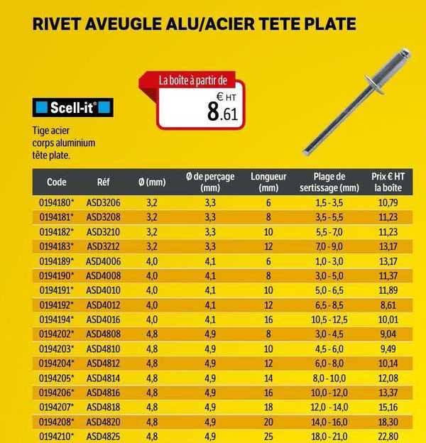 rivet aveugle alu/acier tête plate scell-it