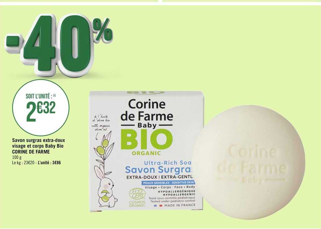 savon surgras extra-doux visage et corps baby bio corine de farme