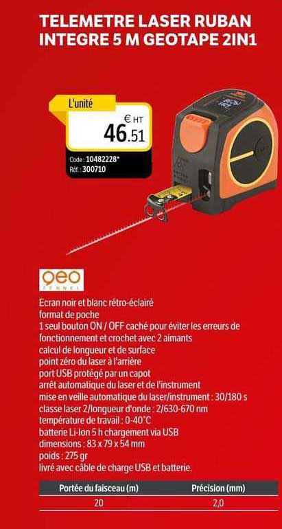 telemètre laser ruban integré 5m geotape 2in1