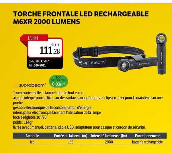 torche frontale led rechargeable m6xr 2000 lumens suprabeam