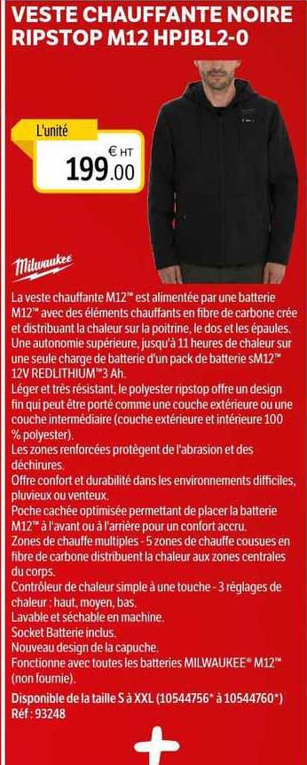 veste chauffante noire ripstop m12hpjbl2-0 milwaukee