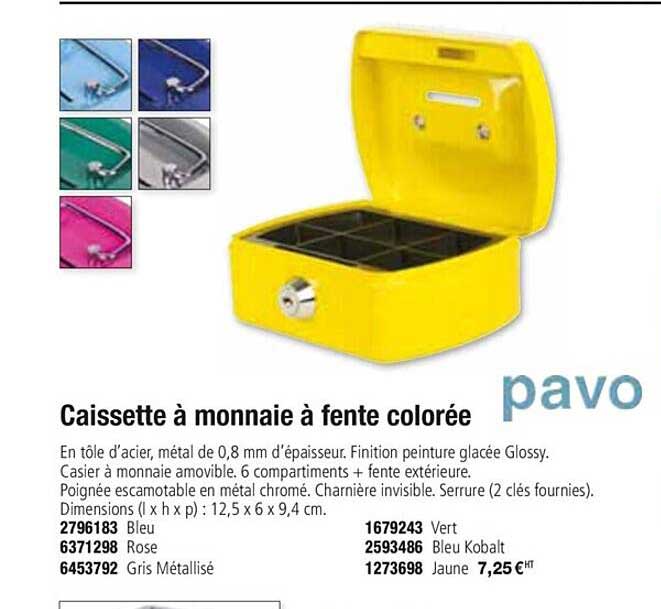 caissette à monnaie à fente colorée pavo