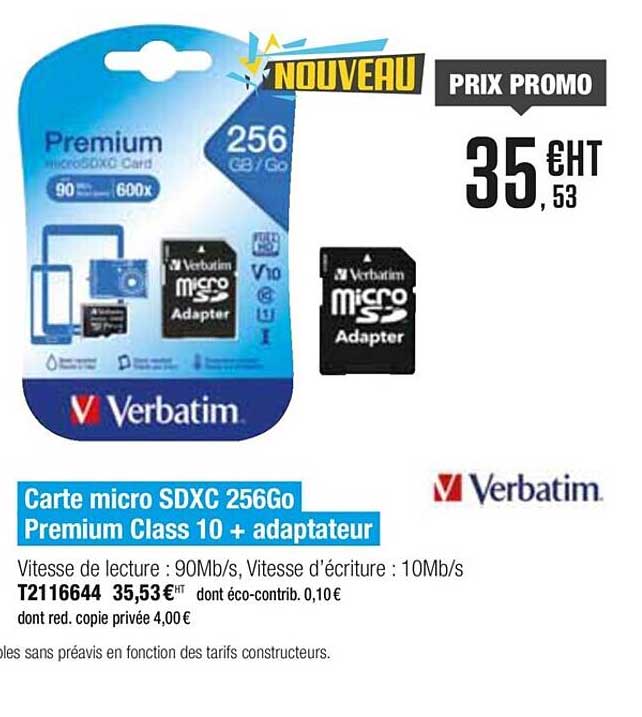carte mico sdxc 256go premium class 10+ adaptateur verbatim