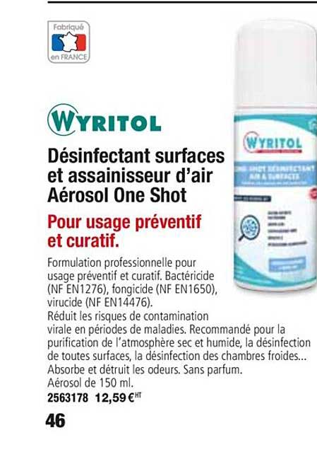 désinfectant surfaces et assainisseur d'air aérosol one shot wyritol