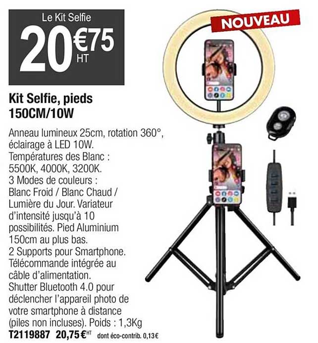 kit selfie pieds 150cm 10w