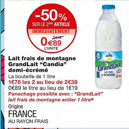 lait frais de montagne grandlait "candia" demi-écrémé