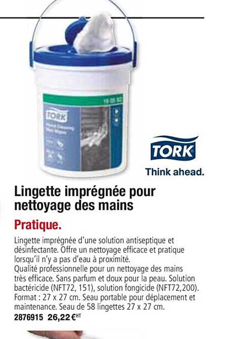 lingette imprégnée pour nettoyage des mains tork