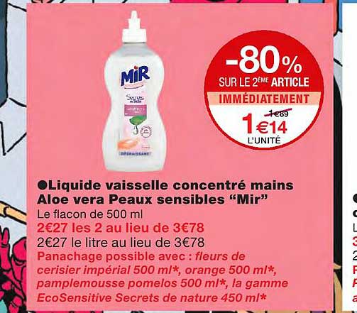 liquide vaisselle concentré mains aloe vera peaux sensibles "mir"