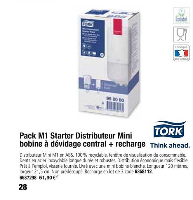 pack m1 starter distributeur mini bobine à dévidage central + recharge tork